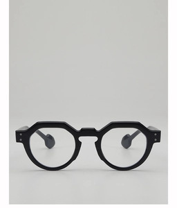 Front view of black geometric polygon eyewear frame with silver dot metallic accents