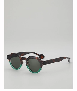 Detailed shot of round tortoiseshell sunglasses with green lower frames and silver rivets