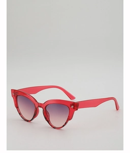 Detailed close-up of transparent red cat-eye sunglasses with gradient purple lenses