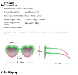 Detailed size chart for kids heart sunglasses with flower decor and gradient lens
