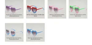 Detailed grid showing 6 variations of pixel-style heart sunglasses with gradient frames