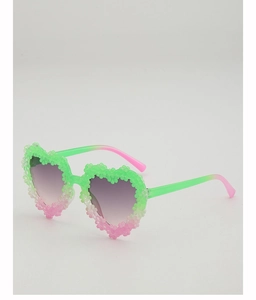 Detail view of heart-shaped gradient sunglasses with 3D flower beads for kids
