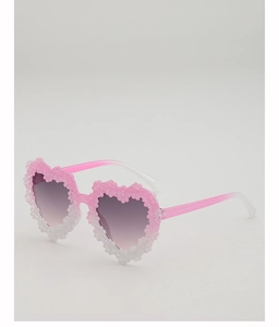 Macro detail of heart-shaped frames with gradient floral 3D beadwork and tinted lenses