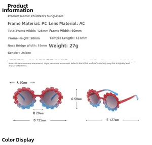 Detailed size specifications for kids daisy flower frame sunglasses with lens measurements