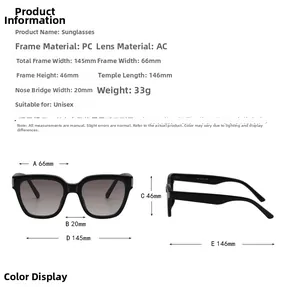 Detailed size chart for unisex square sunglasses showing frame dimensions and weight