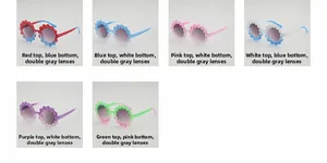 Detail view of flower-shaped kids sunglasses in six gradient colors with grey lenses