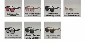 Detail display of square frame sunglasses in seven distinct color options and finishes