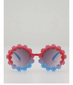 Detail of flower-shaped kids sunglasses with red and blue gradient round frames