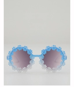 Detail of blue gradient kids daisy sunglasses with 3D floral accents on round frames