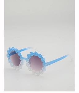 Detailed side view of kids daisy sunglasses with blue gradient frames and 3D floral petals