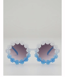 Close-up of kids flower sunglasses with blue gradient daisy frame and purple lenses