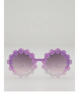 Detailed view of kids daisy round sunglasses with purple gradient lenses and floral frames