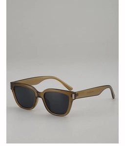 Close-up of brown tortoise frame sunglasses with silver metal hinge and model code details