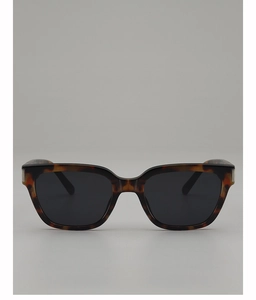 Detailed view of tortoiseshell square sunglasses with silver metal accents on the hinges