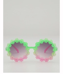 Detail of flower-shaped kids' sunglasses with green to pink gradient frame and purple lenses