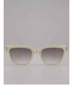 Close-up of square cream frames with purple gradient lenses and silver metal hinges