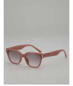 Detail view of pink square frame sunglasses with silver hinge and gradient lenses