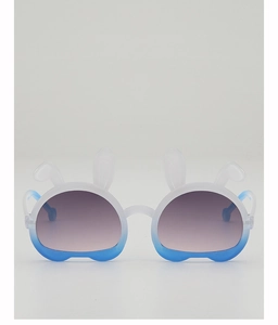 Detail of round toddler sunglasses with bunny ears and blue-white gradient frame