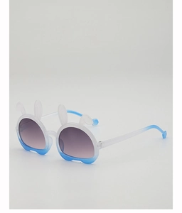 Detail showing blue and white gradient rabbit ear sunglasses frame with grey lenses