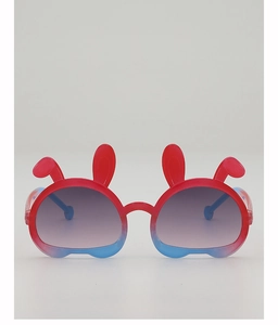 Detail of creative children's bunny sunglasses featuring blue and red gradient frames