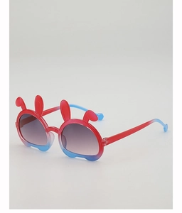 Detail view of rabbit ear kids sunglasses with red-blue gradient frames and grey lenses