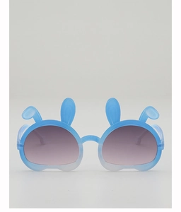 Detail of blue bunny-ear frame children sunglasses with purple gradient lenses