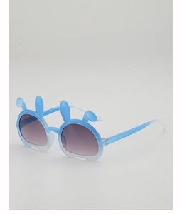 Detail of cute bunny-ear sunglasses with blue-white gradient frames and purple lenses