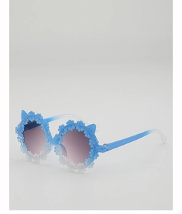 Close-up of daisy floral cat ear sunglasses with blue gradient frame and purple lenses