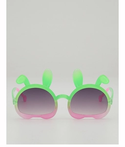 Front view of cute bunny-ear sunglasses for kids with green and pink gradient frames