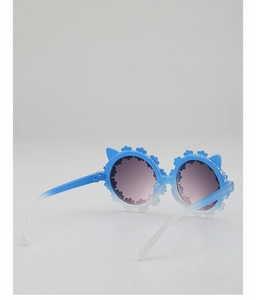Detail of blue daisy sunglasses with cat ears and gradient temples for kids