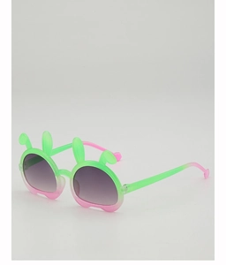 Detail of bunny ear sunglasses with fluorescent green to pink gradient frame and purple lenses
