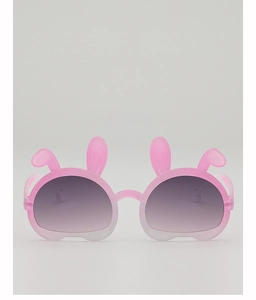 Detail of pink cartoon rabbit sunglasses with cute ears and purple gradient lenses