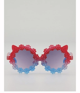 Detail of red and blue gradient kids sunglasses with floral frame and cute cat ears