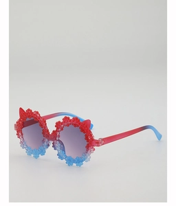 Detail of red and blue gradient kids sunglasses with 3D floral cat ear frame