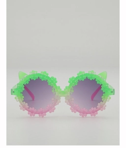 Close-up of daisy floral frame and cute cat ears on gradient children sunglasses