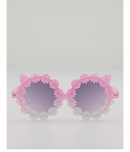 Close-up of pink cat-ear frame kids sunglasses with floral accents and purple gradient lenses