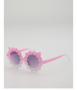 Detail of cute daisy flower frames and purple gradient lenses on children's sunglasses