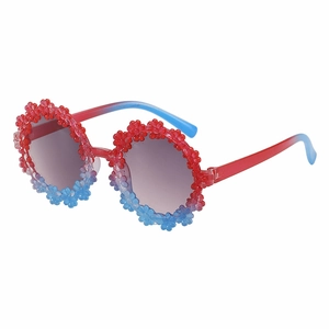 Kids round daisy sunglasses with red and blue gradient floral frame for outdoor activities