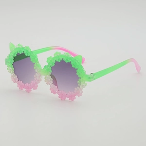Cute green-pink gradient daisy sunglasses with cat ears for girls' UV protection