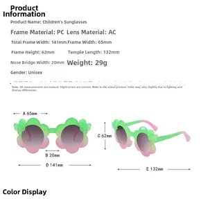 Detailed size chart for flower-shaped kids' sunglasses with PC frame and AC lens