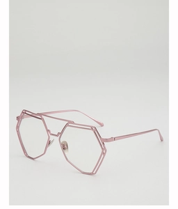 Vista detallada de gafas hexagonales de metal rosa con diseño de doble puente
