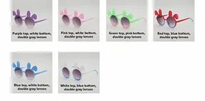 Detail view of colorful rabbit ear sunglasses frames in purple pink and green for kids