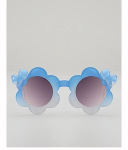 Detail of flower-shaped kids sunglasses with butterfly decor and blue-white gradient frame