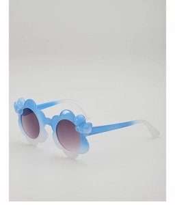 Close-up of flower-shaped children's sunglasses with blue-white gradient frames