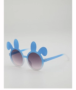 Detail view of round frame rabbit ear sunglasses with blue and white gradient