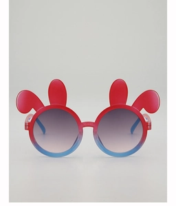 Detail of cute rabbit ear sunglasses with blue and red gradient frame for children