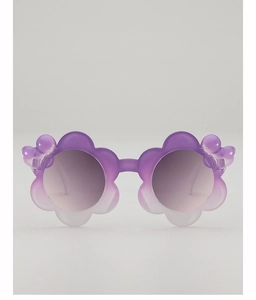 Detail of flower-shaped kids' sunglasses with purple gradient lenses and butterfly accents