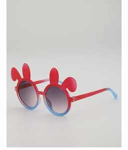 Detailed side view of rabbit ear children sunglasses with blue red gradient frame