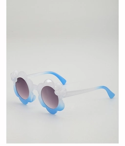 Close-up of flower-shaped kids' sunglasses with blue-white gradient plastic frames