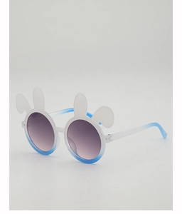 Detail of cute rabbit ear frame on blue gradient children's sunglasses with purple lenses